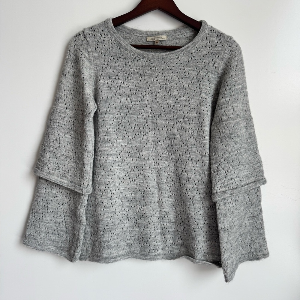 Elisabetta Italian Eyelet Crochet Gray Sweater women Medium Bell Balloon sleeves